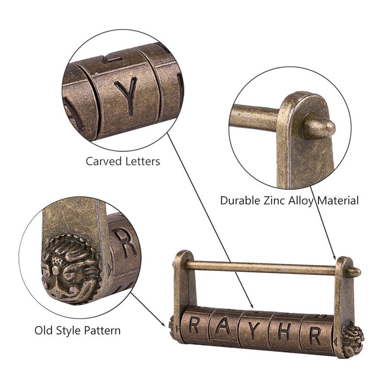 GTHER Antique Vintage Combination Password Lock Padlock, Chinese Decorative English Letter Combination Escape Room Lock for Box Cabinet Furniture Trunk, 80x37mm - Image 4
